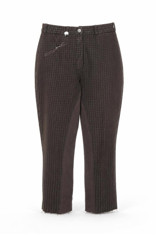 Front view of HY women’s brown check cotton capri trousers, size UK 26, in, 23-inch leg regular zip