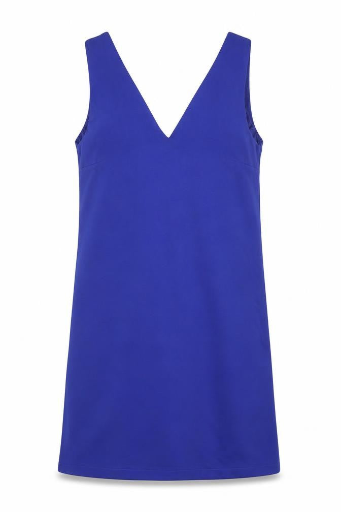 Front view of Mabgo women’s blue viscose a-line, size S, v-neck
