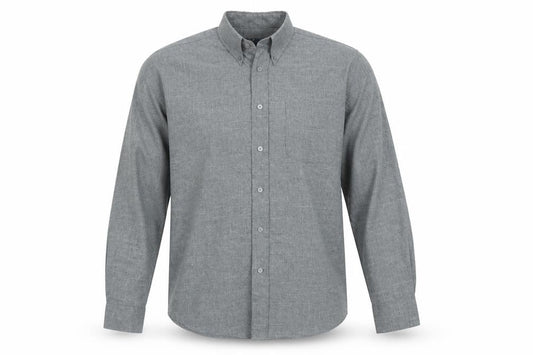 Front view of Matinee men’s grey polyester button-up, size L, collared button