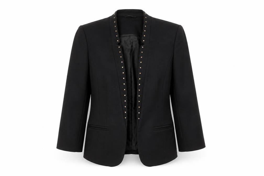 Front view of M&Co women’s black viscose jacket blazer, size UK 10