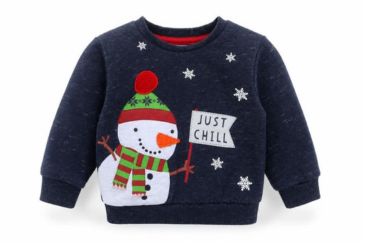 Front view of Primark Baby Blue Polyester jumper, size 12-18, Months - snowman