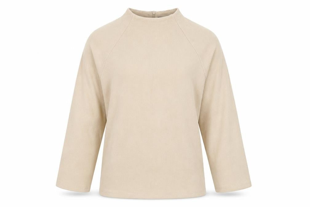 Front view of Marks & Spencer women’s beige round neck polyester jumper, size UK 12