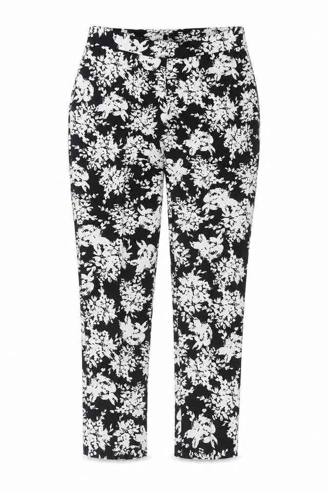 Front view of Warehouse women’s black floral polyester trousers, size UK 10, 27-inch leg slim
