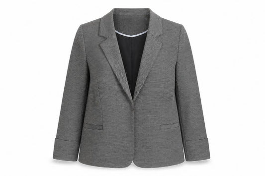 Front view of Principles women’s grey striped viscose jacket blazer, size UK 10