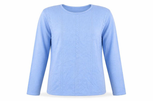 Front view of Reflect Collection women’s blue round neck acrylic jumper, size M