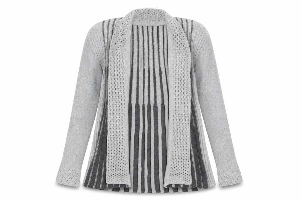 Front view of Pulse women’s grey round neck acrylic cardigan jumper, size S