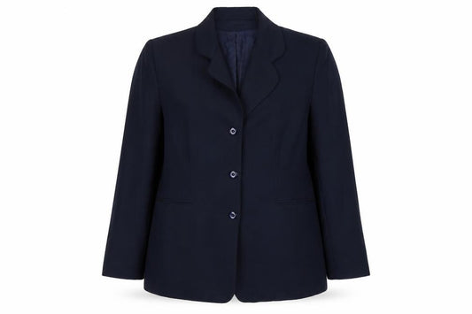 Front view of Preworn women’s blue polyester jacket suit jacket, size UK 16