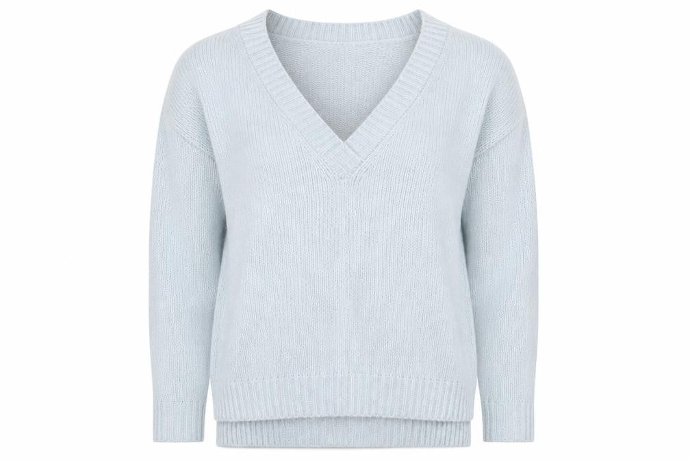 Front view of Next women’s blue v-neck acrylic jumper, size UK 8