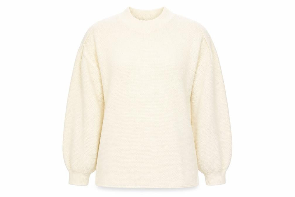 Front view of Lasula women’s beige round neck acrylic jumper, size UK 10