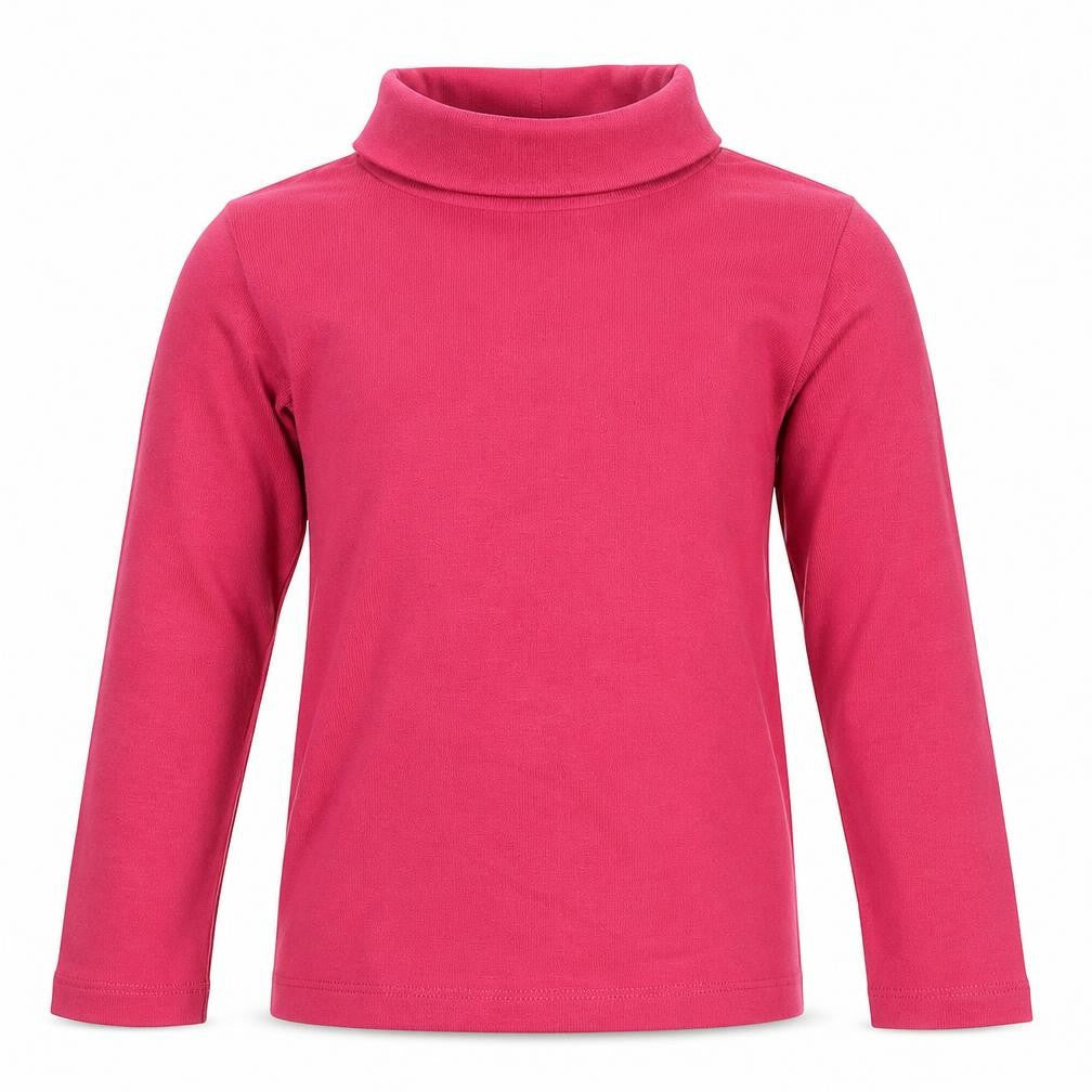 Front view of Mont Prix girls’ pink cotton basic t-shirt, size 6, years roll neck pullover