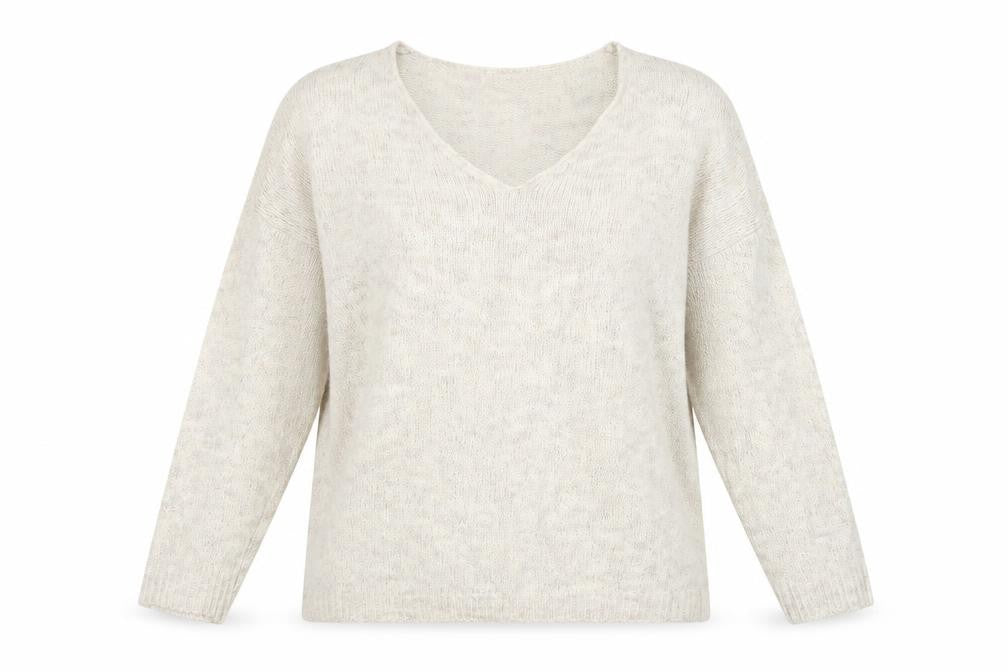 Front view of Apricot women’s beige v-neck acrylic jumper, size M