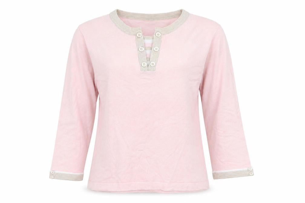 Front view of Country Casuals women’s pink crew neck viscose jumper, size M