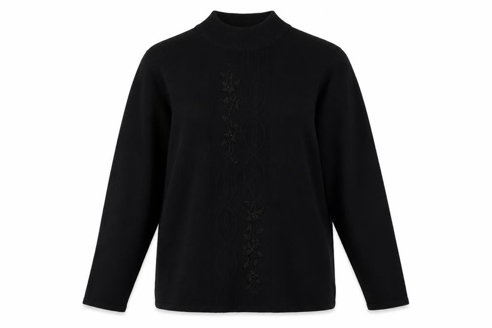Front view of Reflection women’s black mock neck acrylic jumper, size S