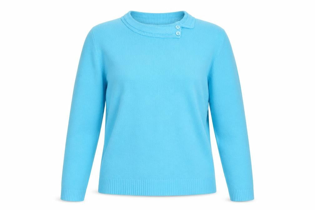 Front view of Simon Jeffrey women’s blue collared acrylic jumper, size L