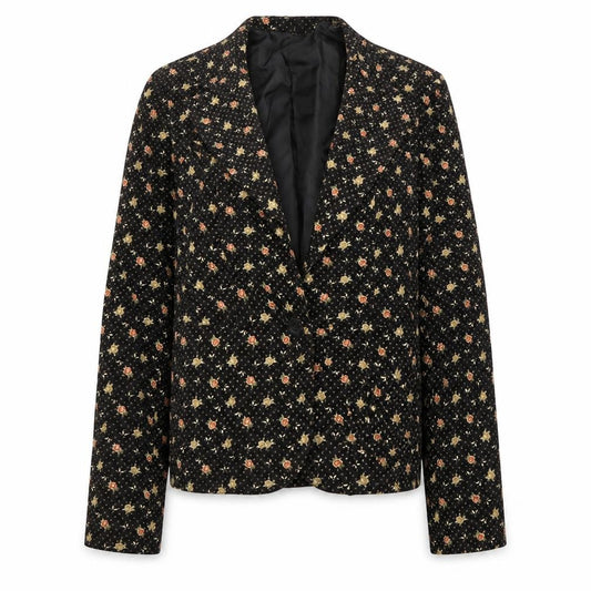 Front view of H&M women’s black floral cotton jacket blazer, size UK 10