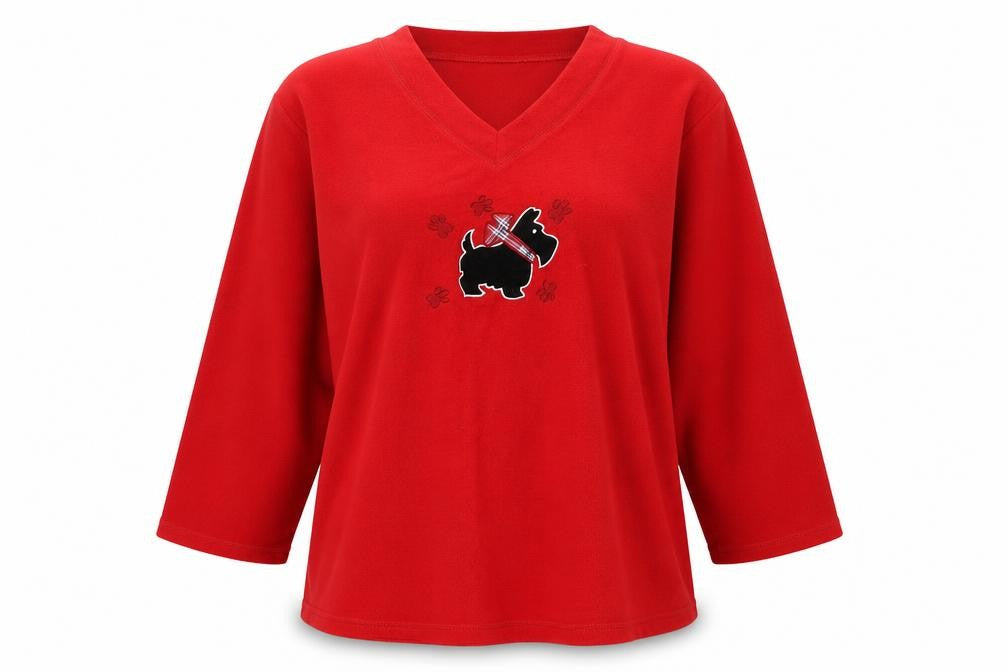 Front view of EWM women’s red polyester basic blouse, size XL, v-neck