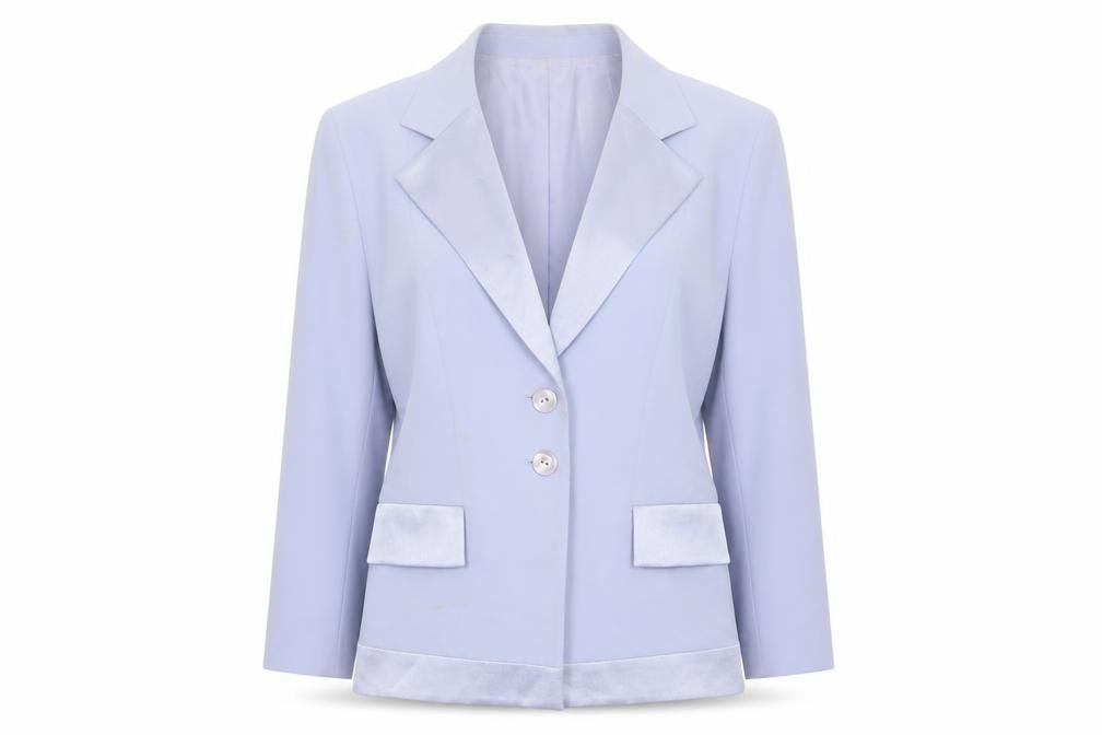 Front view of Frank Usher women’s blue jacket blazer, size UK 14