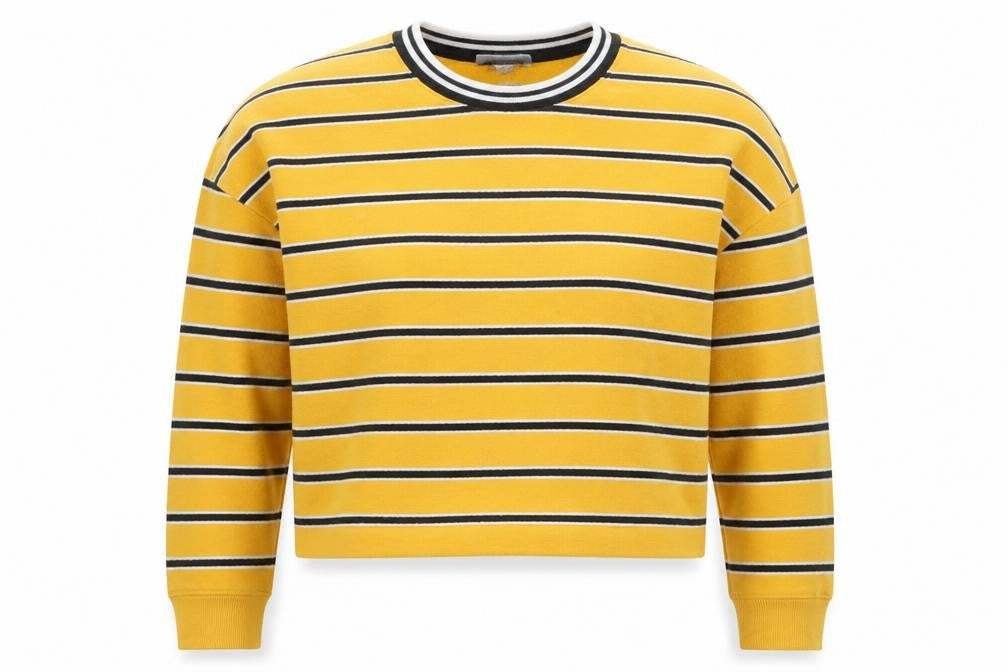 Front view of Primark women’s yellow striped polyester pullover sweatshirt, size XS