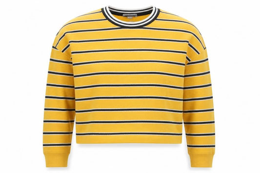 Front view of Primark women’s yellow striped polyester pullover sweatshirt, size XS
