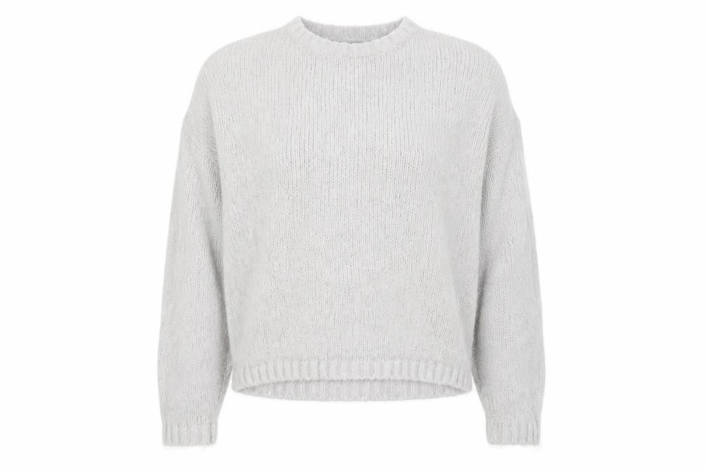 Front view of ASOS women’s grey round neck acrylic jumper, size UK 12