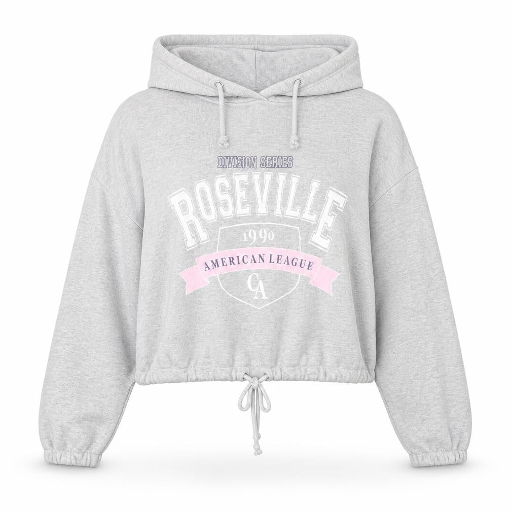 Front view of Primark women’s grey polyester pullover hoodie, size S, - cropped