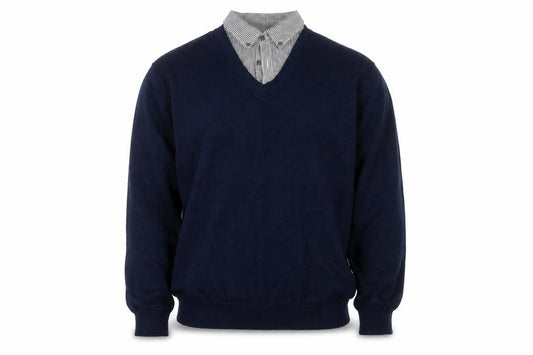 Front view of SANDSTONE men’s blue collared polyester jumper, size XL