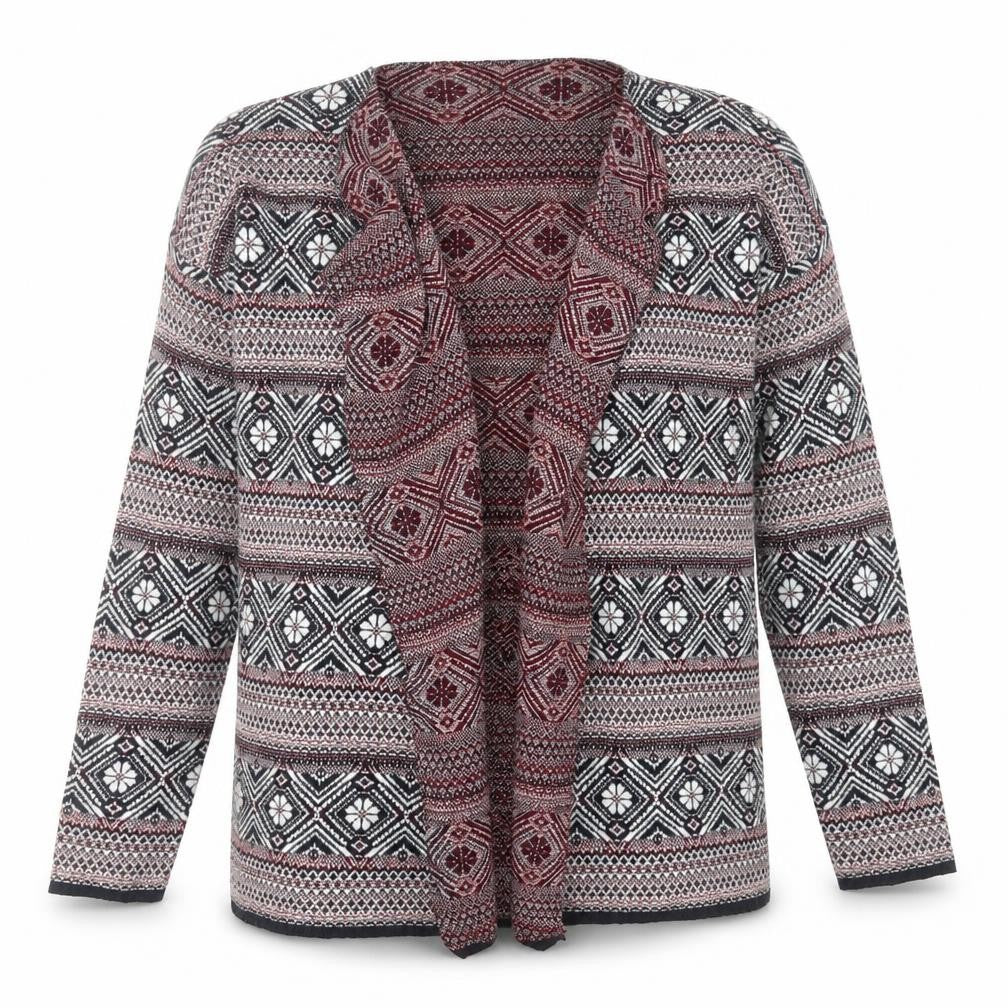 Front view of MultiBlu women’s blue v-neck geometric viscose cardigan jumper, size M