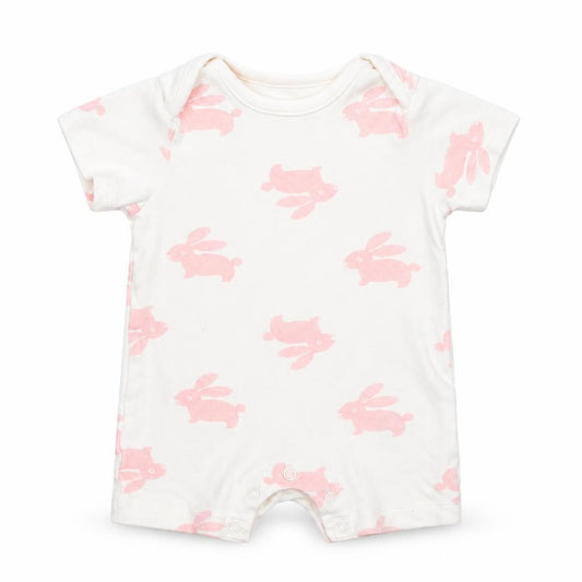Front view of Marks & Spencer Baby White Geometric Cotton Romper One-Piece, size 0-3, Months Snap - Bunny Print