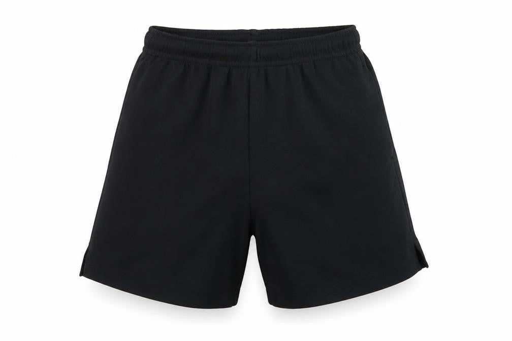 Front view of Next boys’ black polyester sweat shorts, size 6, years regular drawstring - school wear