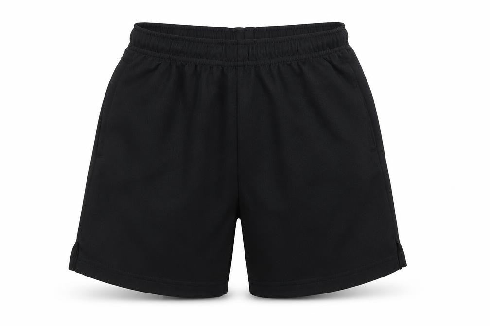 Front view of Next` boys’ black polyester sweat shorts, size 6, years regular drawstring - school wear
