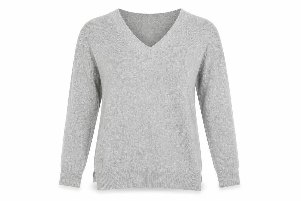 Front view of Topshop women’s silver v-neck viscose jumper, size UK 6