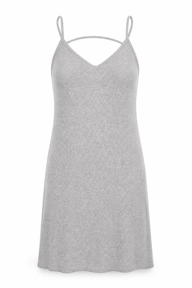 Front view of Topshop women’s grey viscose slip dress, size UK 14, v-neck pullover