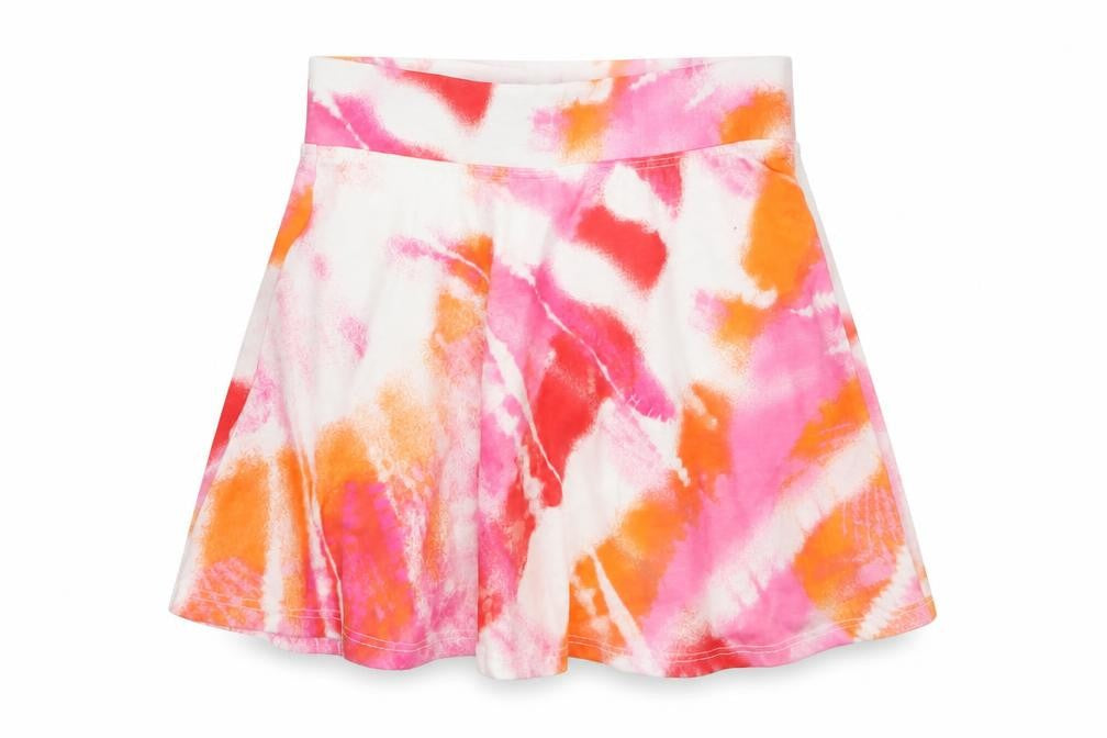 Front view of Place girls’ multicoloured tie dye polyester flare skort, size S, regular pull on