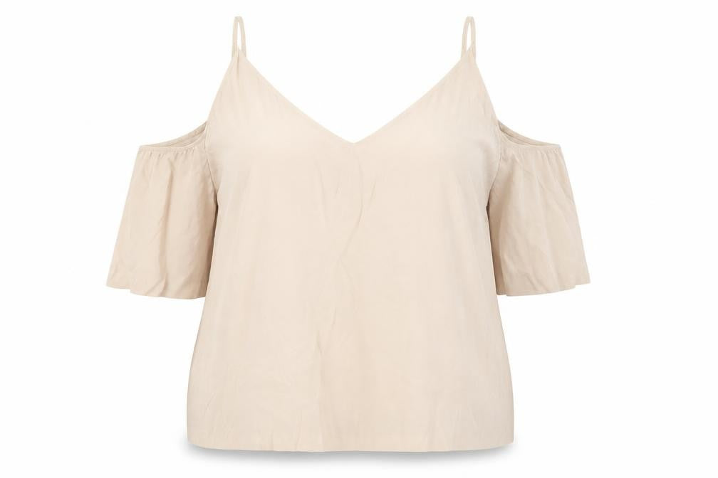 Front view of H&M women’s beige viscose camisole blouse, size UK 10, v-neck