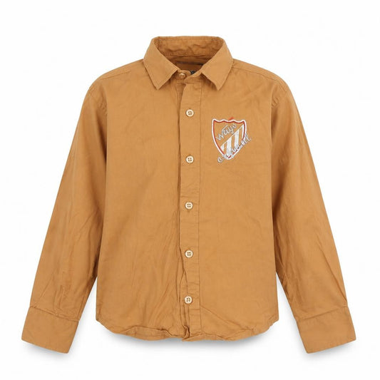 Front view of Ways boys’ beige cotton basic button-up, size 5, years collared button