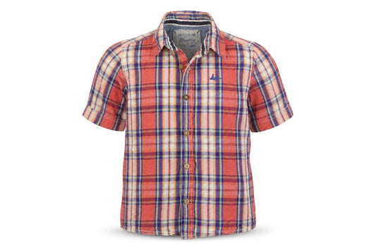 Front view of Debenhams boys’ orange plaid cotton basic button-up, size 5, years collared button