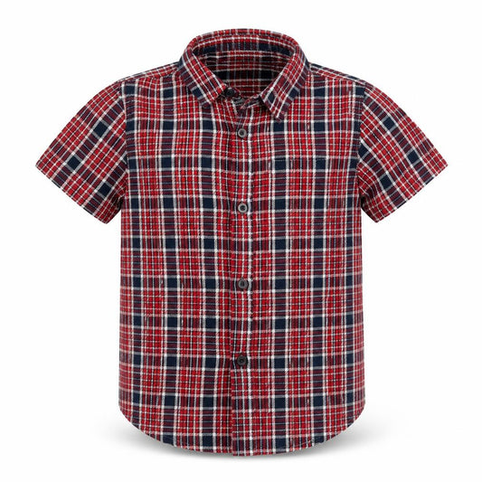 Front view of Primark boys’ red plaid cotton basic button-up, size 5, years collared button