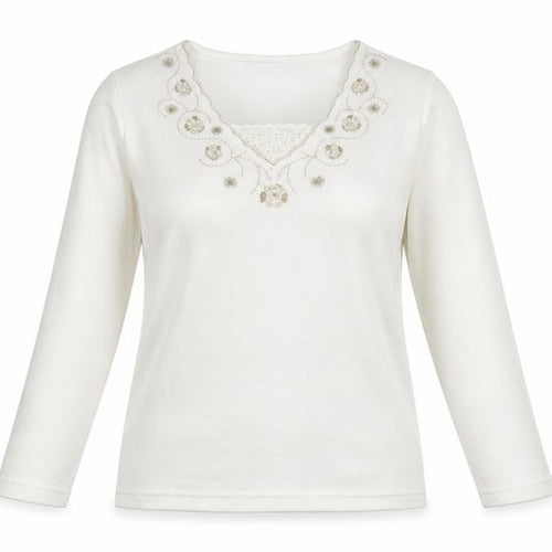 BM Casual Womens White V-Neck Floral Cotton Pullover Jumper Size S