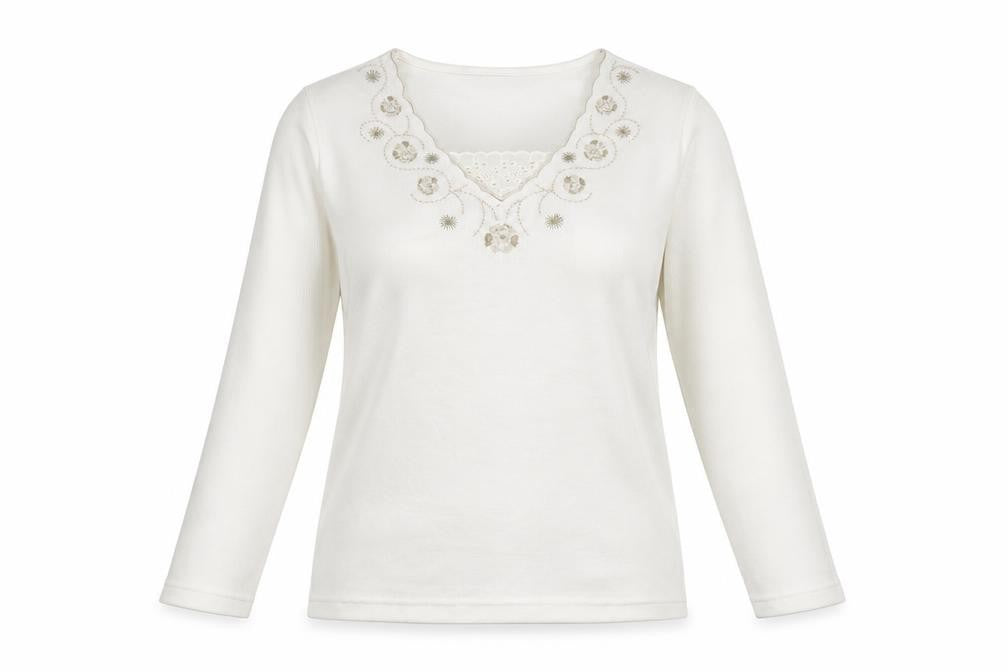 BM Casual Womens White V-Neck Floral Cotton Pullover Jumper Size S