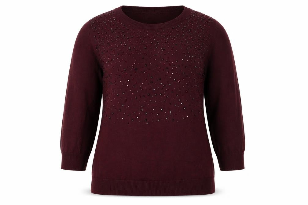 Front view of Matalan women’s purple round neck viscose jumper, size UK 14