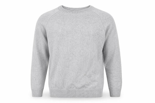 Front view of River Island men’s grey round neck acrylic jumper, size M