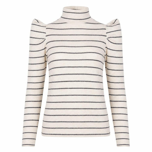 Front view of Papaya women’s beige high neck striped viscose jumper, size UK 8