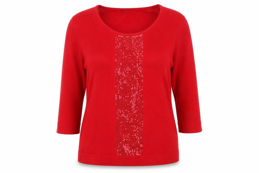 Front view of Bonmarché women’s red scoop neck acrylic jumper, size M, - sequins