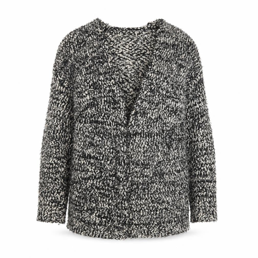 Front view of Matalan women’s black v-neck polyester cardigan jumper, size S