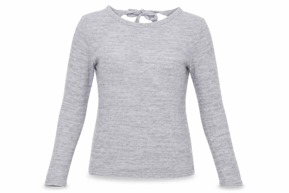 Front view of H&M women’s grey polyester pullover sweatshirt, size S, tie