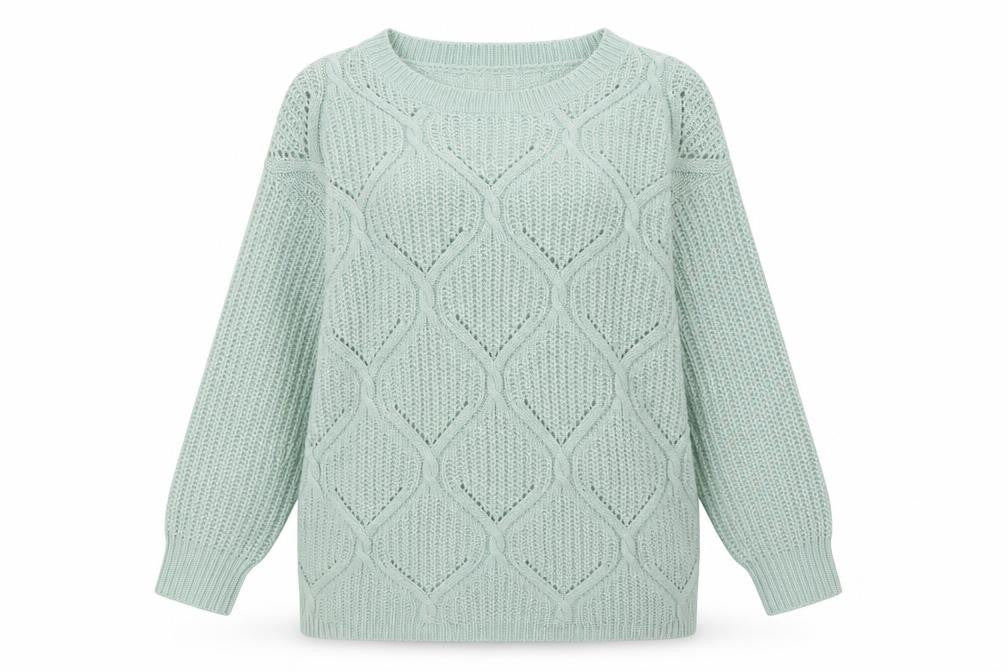 Front view of Primark women’s green argyle/diamond acrylic pullover sweatshirt, size UK 8, pullover