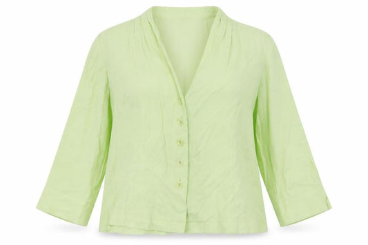 Front view of Country Casuals women’s green viscose basic button-up, size UK 14, v-neck