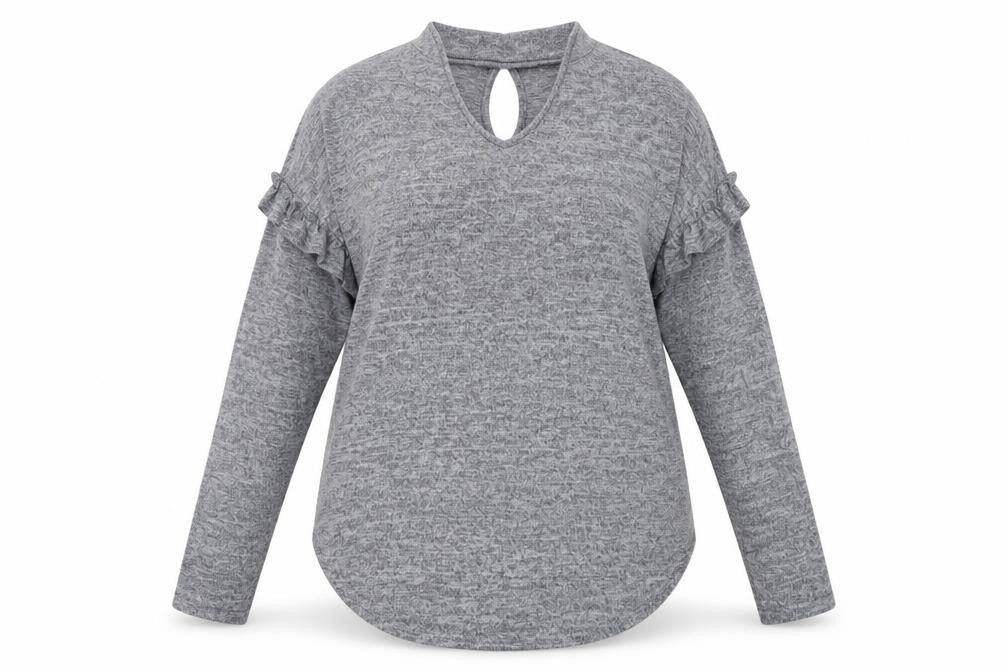 Front view of Blue Vanilla women’s grey v-neck polyester jumper, size UK 14