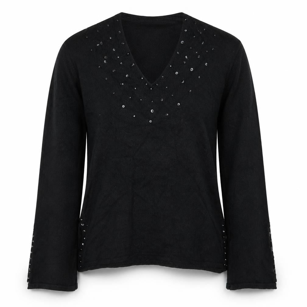 Front view of Off Shoot women’s black v-neck rayon jumper, size S