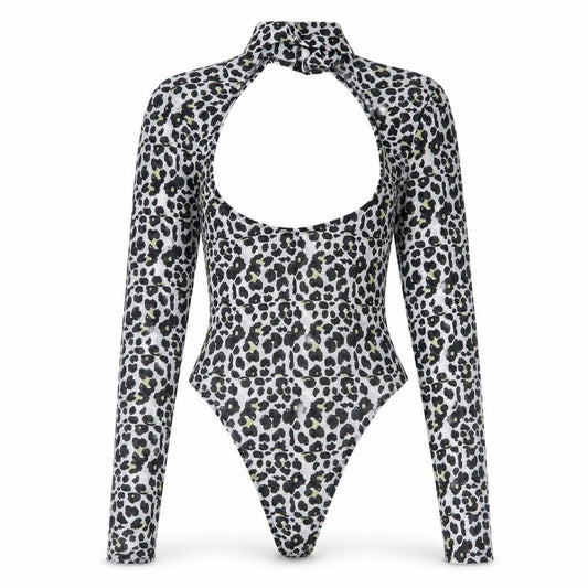 Front view of ASOS women’s black animal print polyester bodysuit one-piece, size UK 4, button - cut out